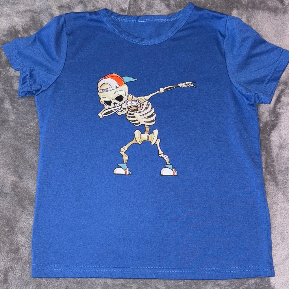 Blue T-Shirt with Dabbing Skeleton Graphic